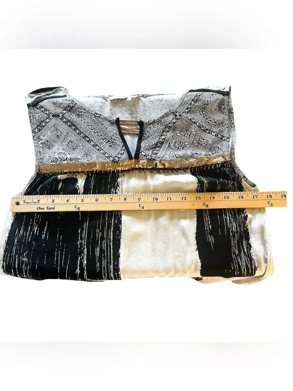 Free People Black and Cream Printed Sleeveless Blouse sequined in front.